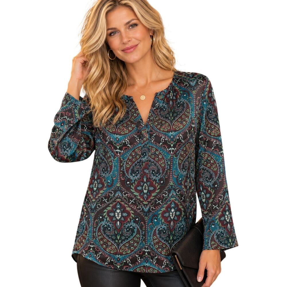 Talbots Paisley Satin Button Top Women's Large Petite Teal & Plum Career Blouse